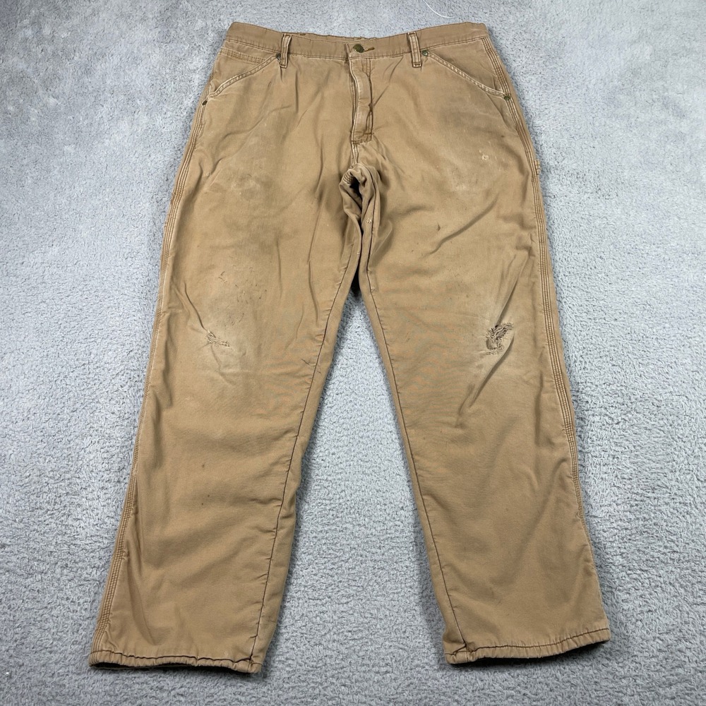 Wrangler Fleece Lined Carpenter Pants Men 34x32 (Fits 34x30) Tan Canvas Workwear